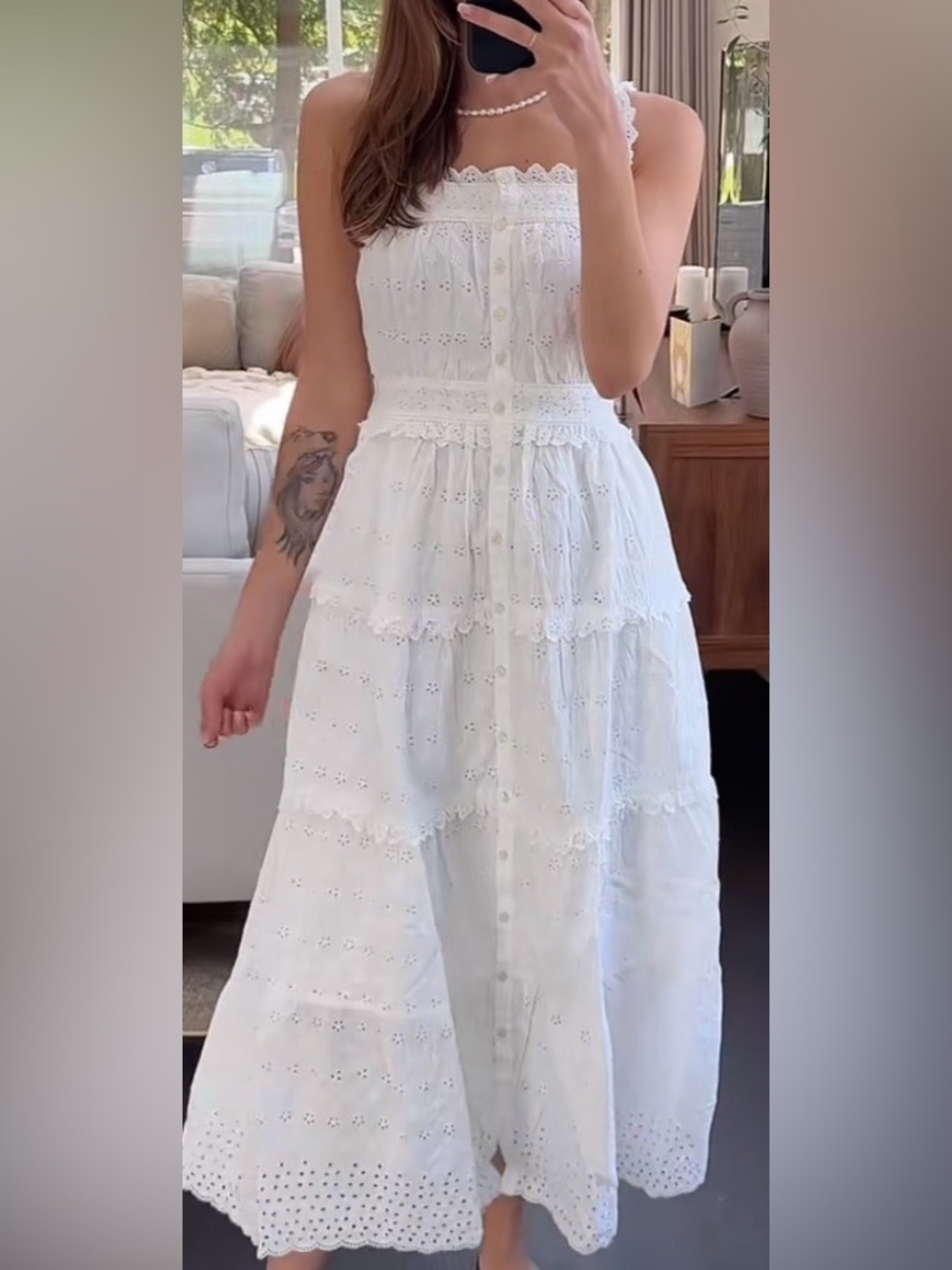 White Eyelet Maxi Dress with Button-Front and Tiered Skirt